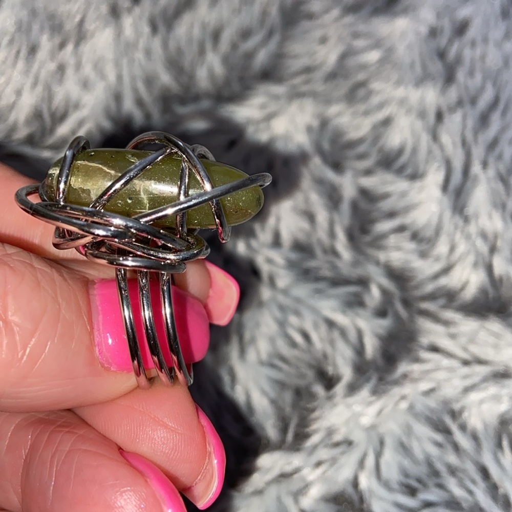 Statement Ring Large Green Stone In Silver Wire S… - image 4